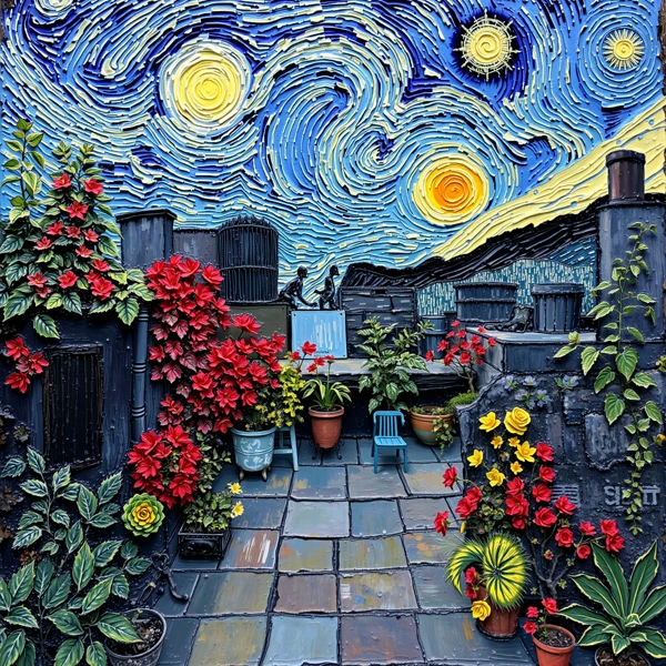 Rooftop Blooms Under Starry Skies