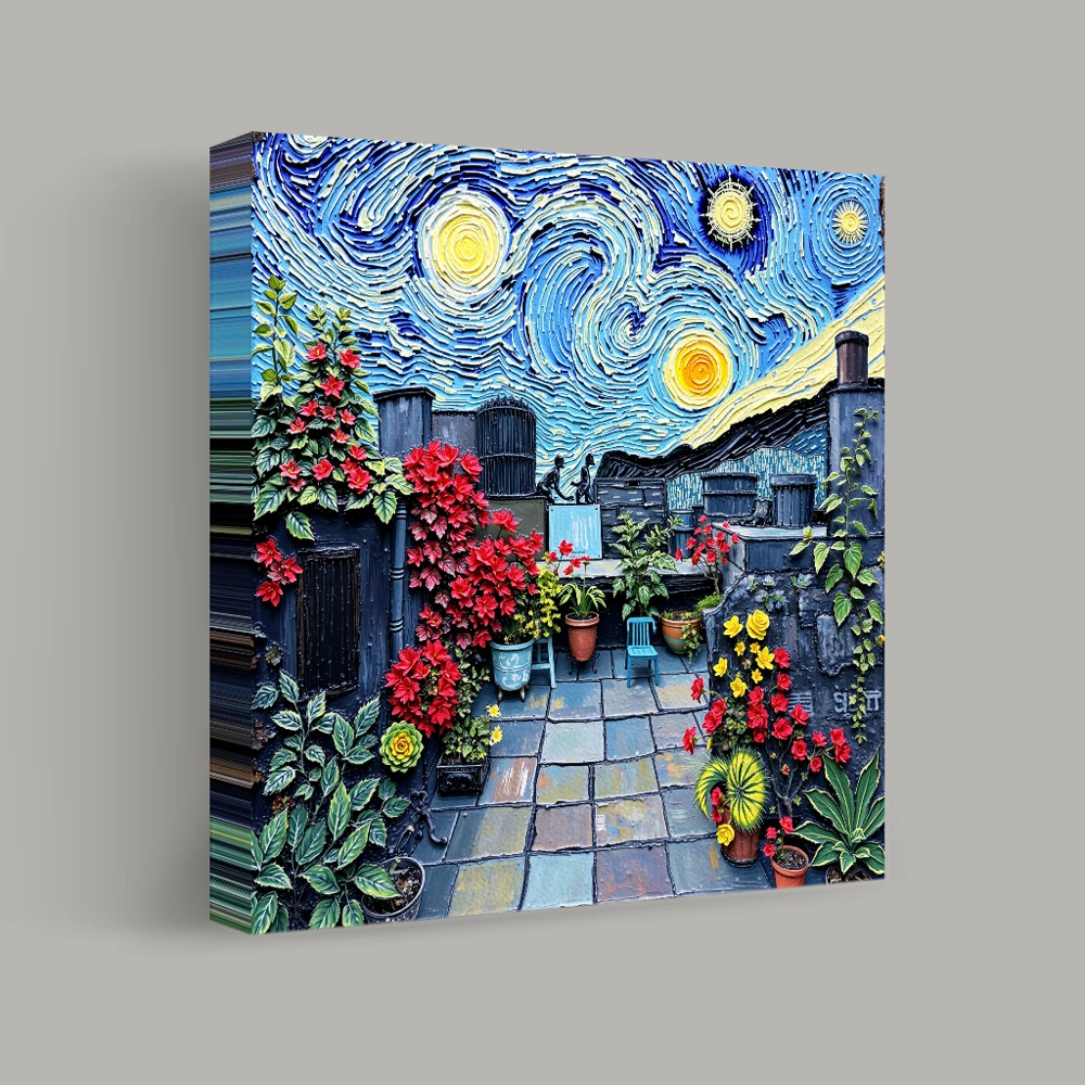 Rooftop Blooms Under Starry Skies — canvas