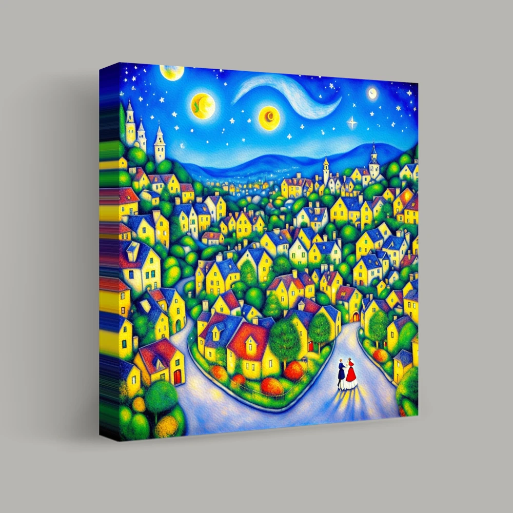Starlit Village Whimsy — canvas