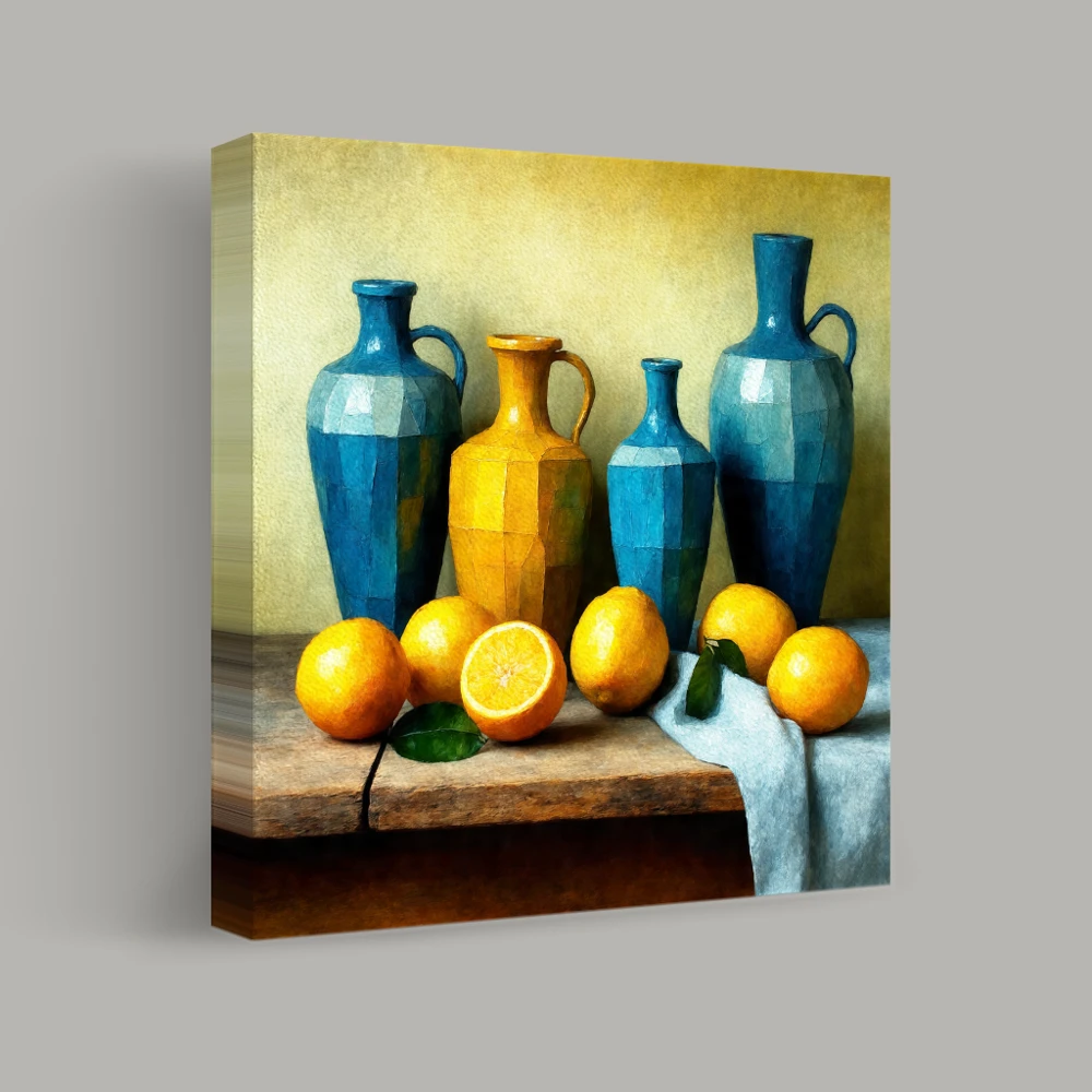Vibrant Still Life with Vessels and Citrus — canvas