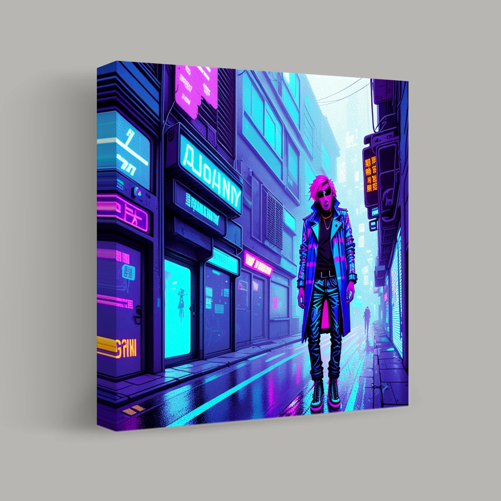 Neon Wanderer in the Rain — canvas