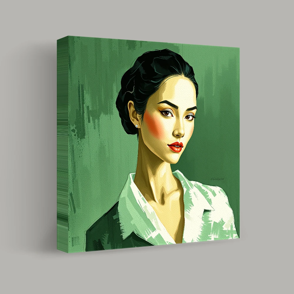 Elegant Portrait on Green Background — canvas