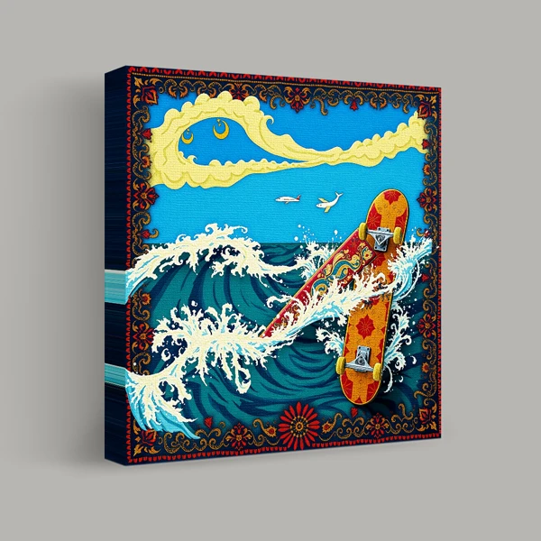 Ornate Skateboard and Ocean Waves view 1