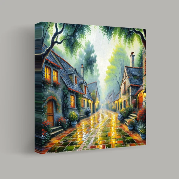 Regenachtige reflecties op de kasseistraat weergave 1
