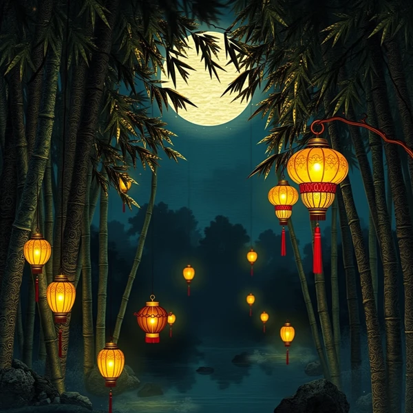 Moonlit Lanterns Among Bamboo view 2