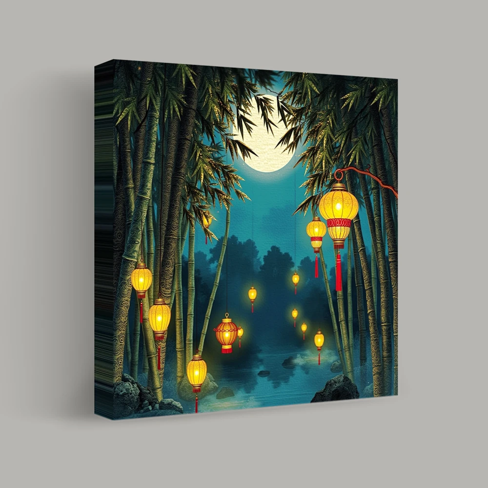 Moonlit Lanterns Among Bamboo — canvas