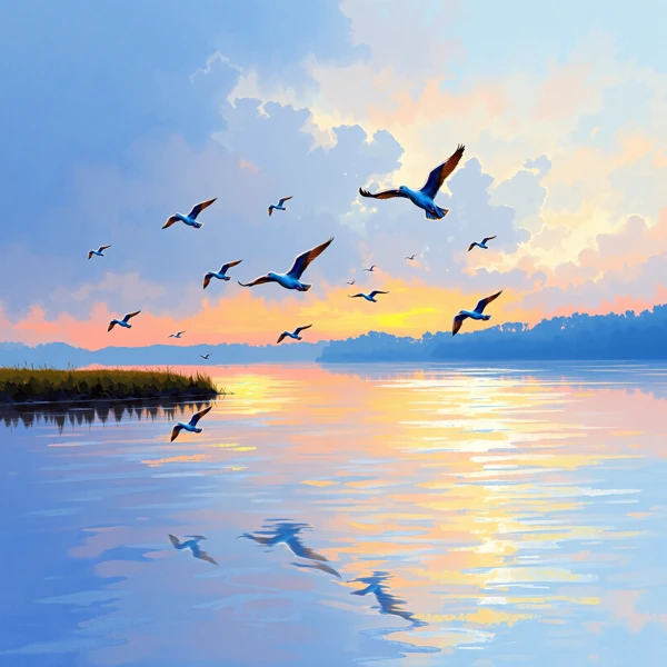 Sunset Over Water with Birds