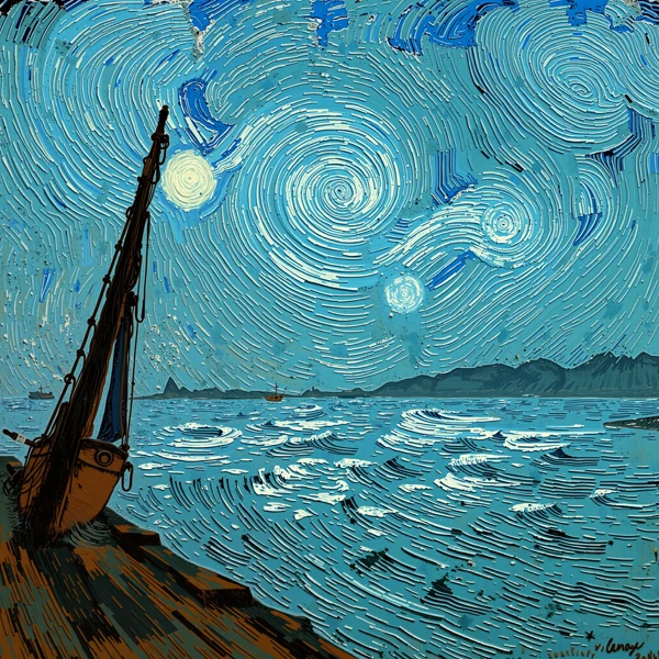 Cielos giratorios sobre mares serenos