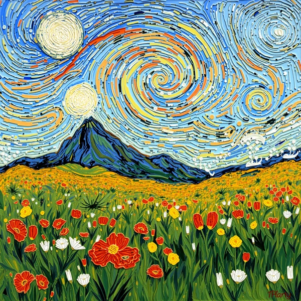 Whirlwind Skies Over a Field of Blooms