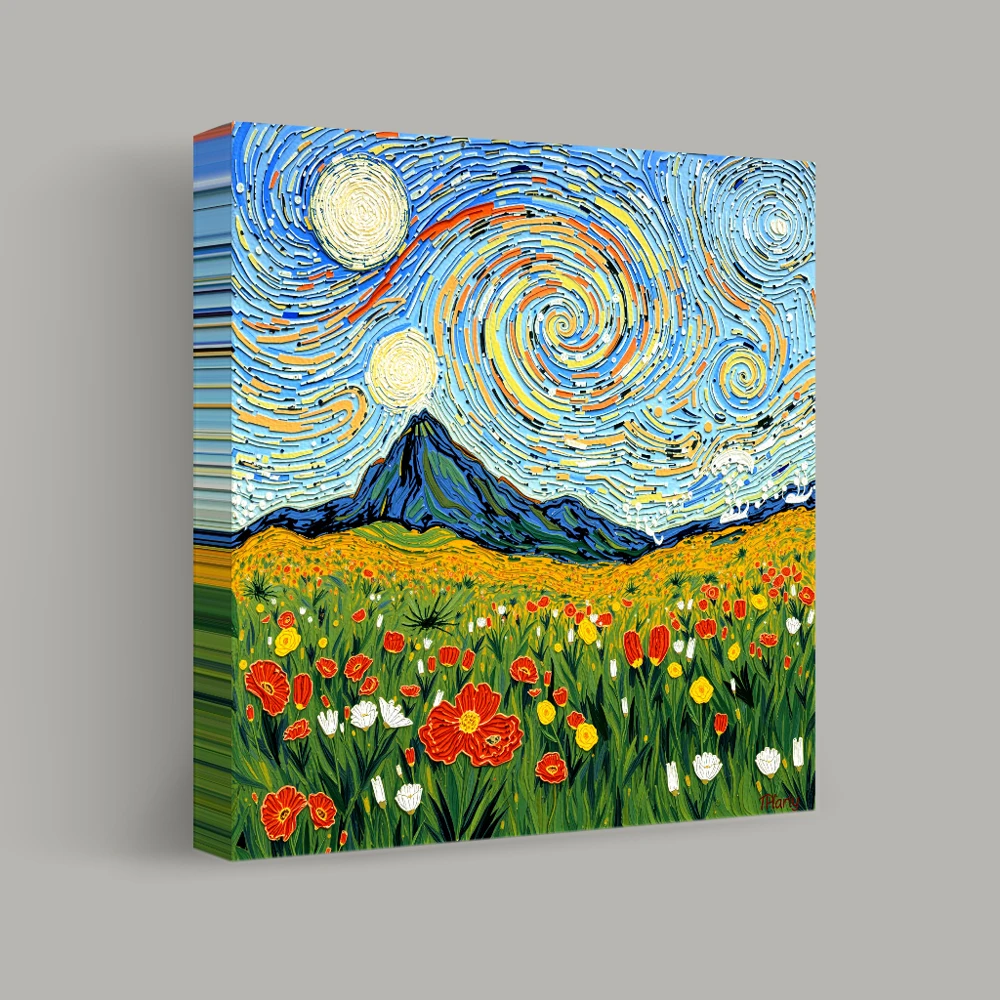 Whirlwind Skies Over a Field of Blooms — canvas