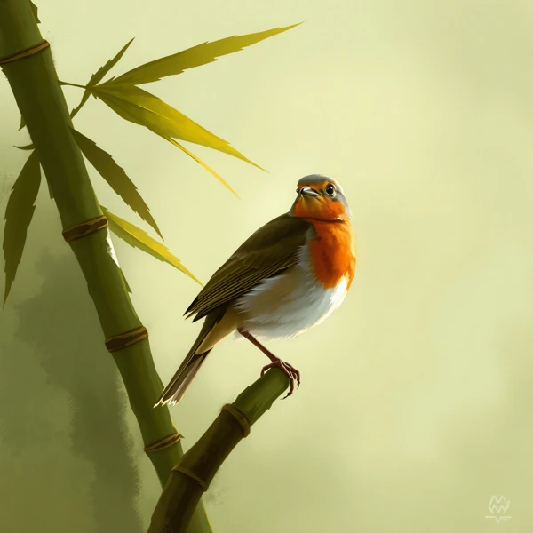 Robin Perched on Bamboo