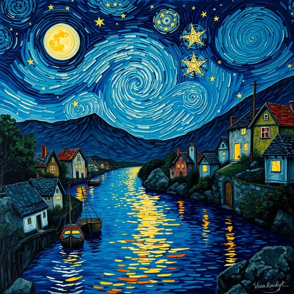 Reflejos estrellados sobre el pueblo