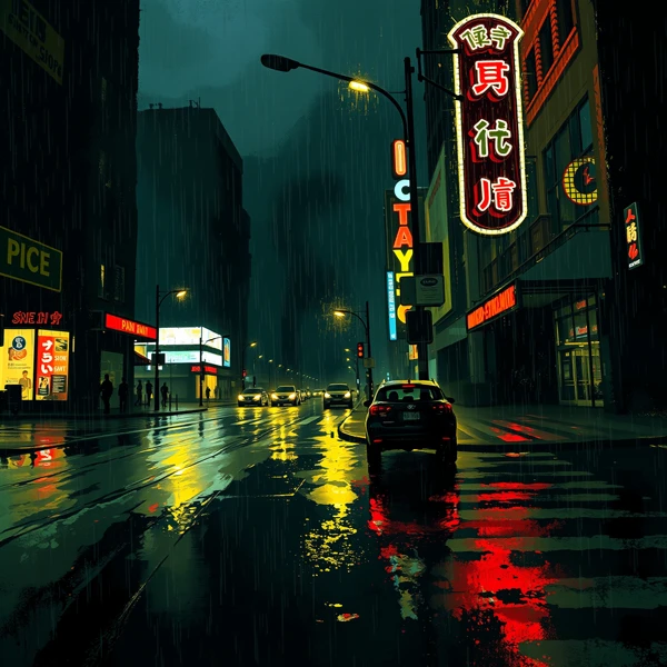 Neon Reflections on a Rainy Night