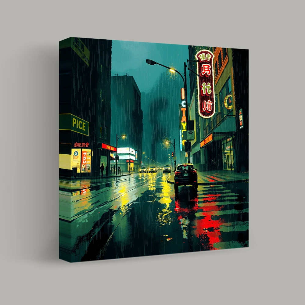 Neon Reflections on a Rainy Night — canvas