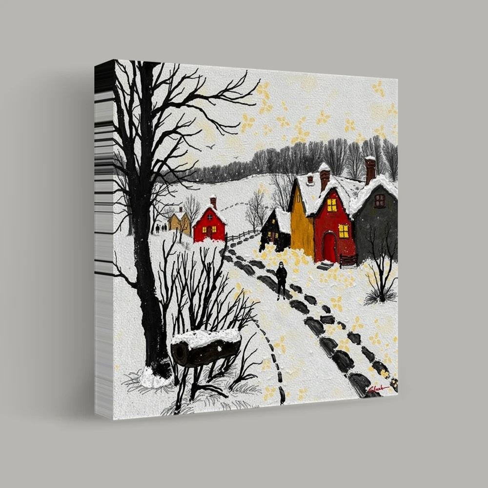 Winter Pathways Through Snowy Cottages — canvas
