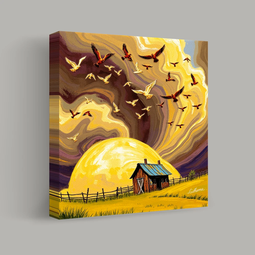 Sunrise Over Rural Cabin — canvas