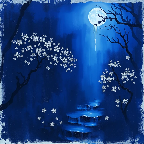Moonlit Blossoms and Waterfall