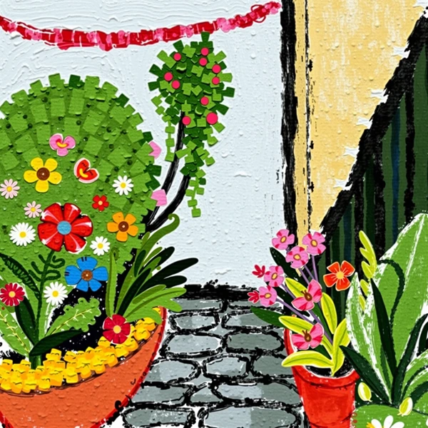Garden Blooms on a Cobblestone Path