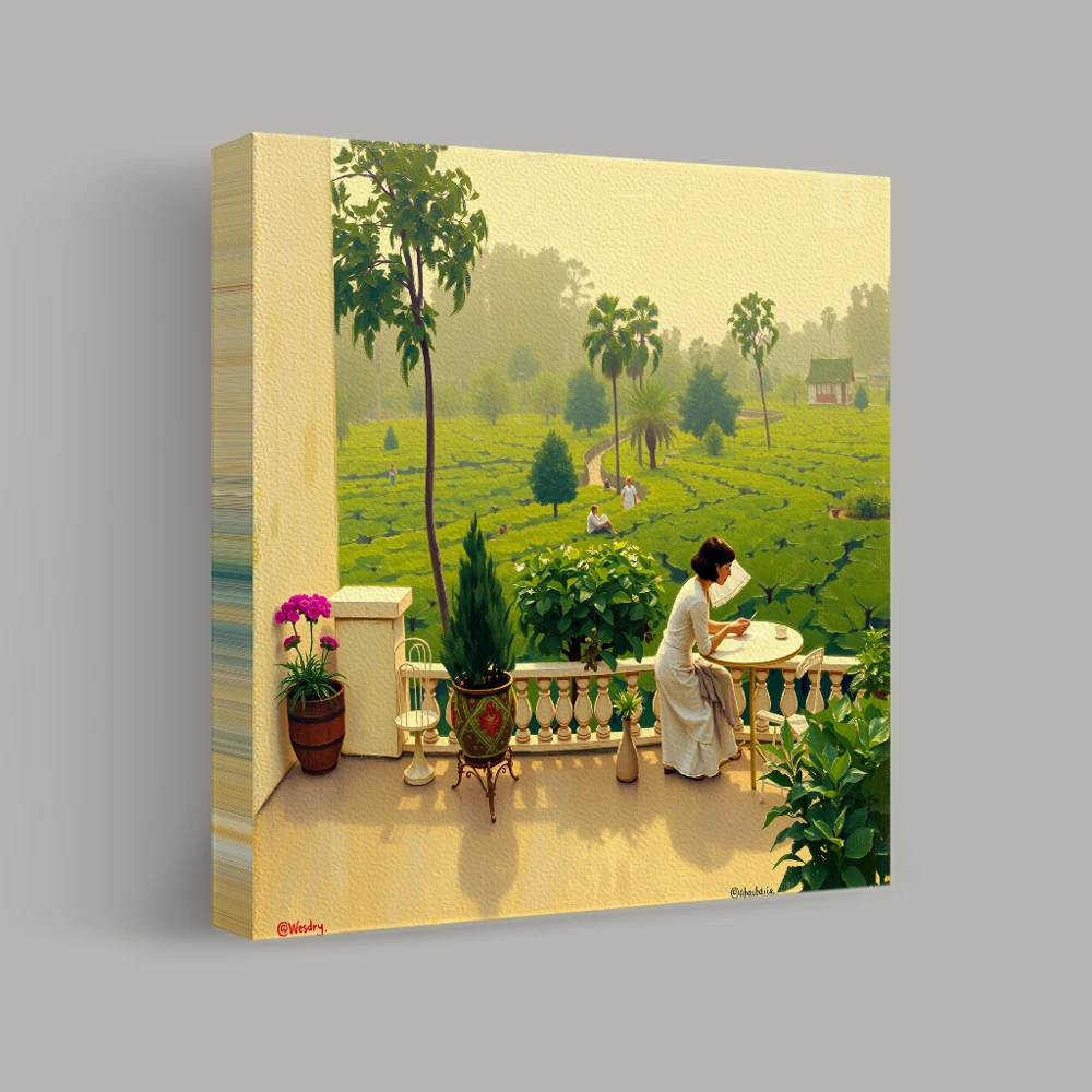 Morning Reflections on a Verdant Balcony — canvas