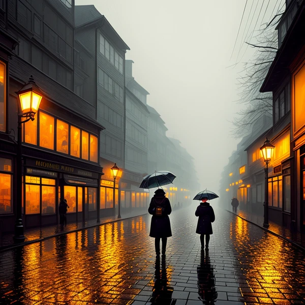 Evening Stroll Through Misty Streets