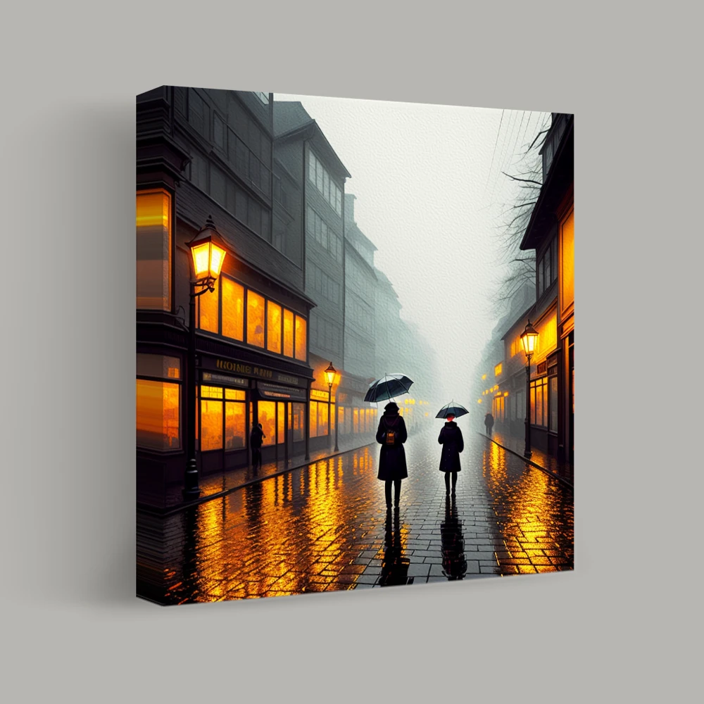 Evening Stroll Through Misty Streets — canvas