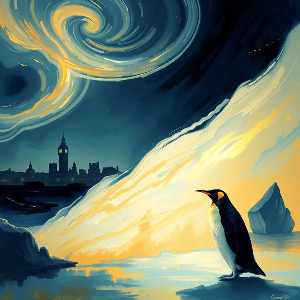 Penguin Under Swirling Night Sky