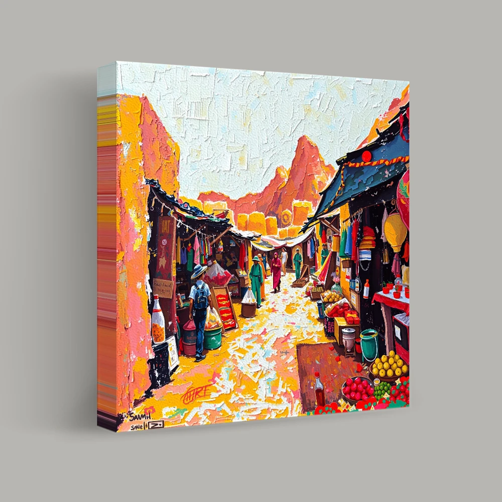 Vibrant Bazaar Beneath the Peaks — canvas