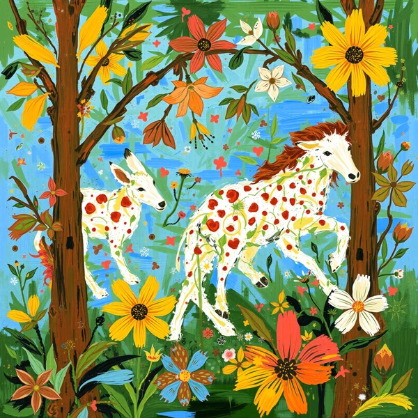 Dotted Horses in Floral Forest