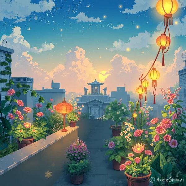 Lanterns Over a Blooming Rooftop