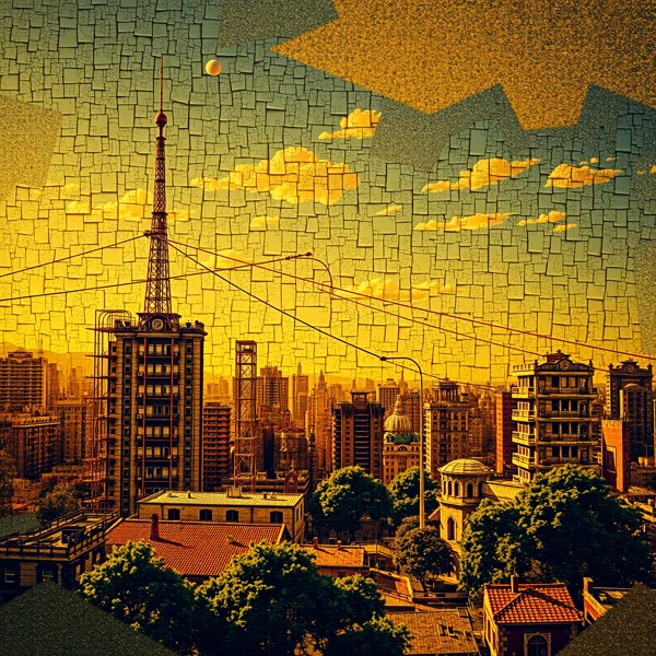 Mosaic Twilight Over Cityscape