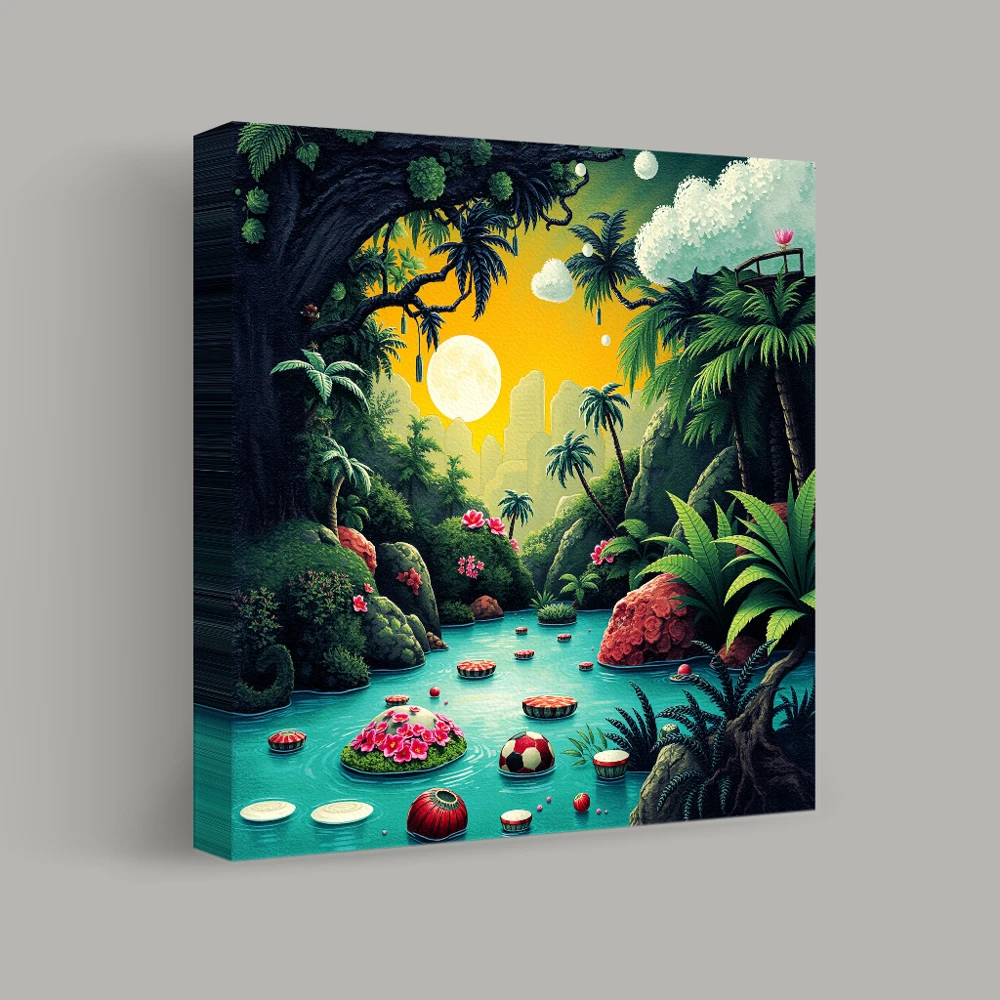Moonlit Oasis with Floating Delights — canvas
