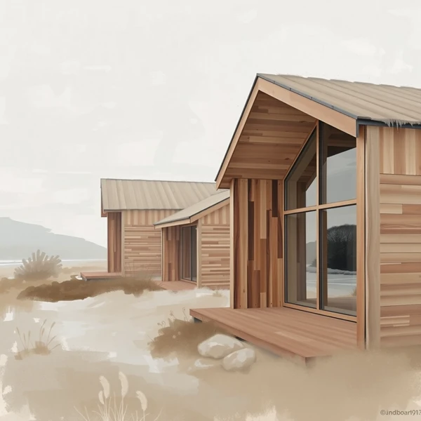 Wooden Cabins in Winter Landscape