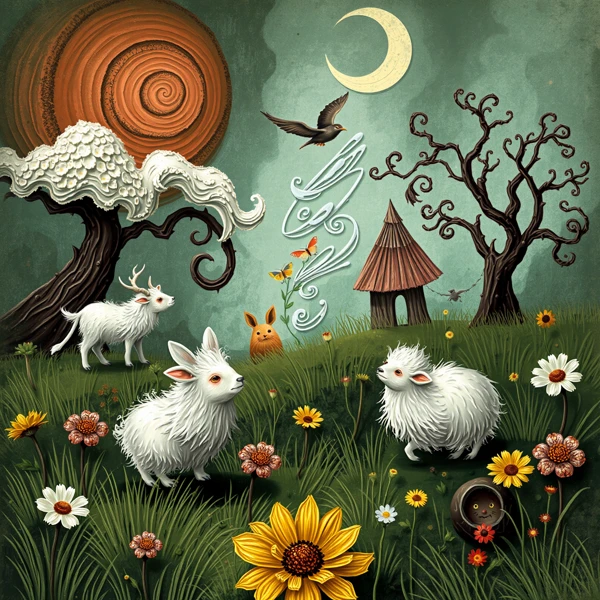 Whimsical Creatures Under a Spiraling Sky