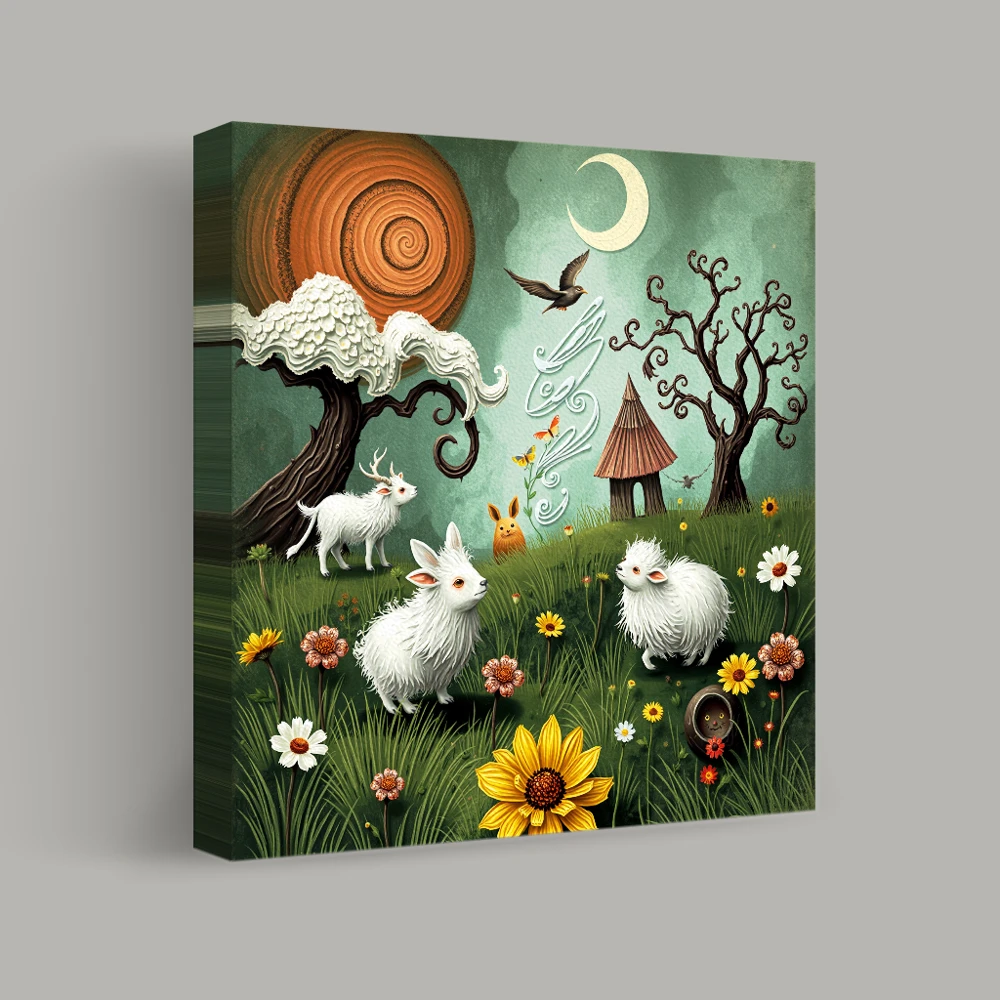 Whimsical Creatures Under a Spiraling Sky — canvas