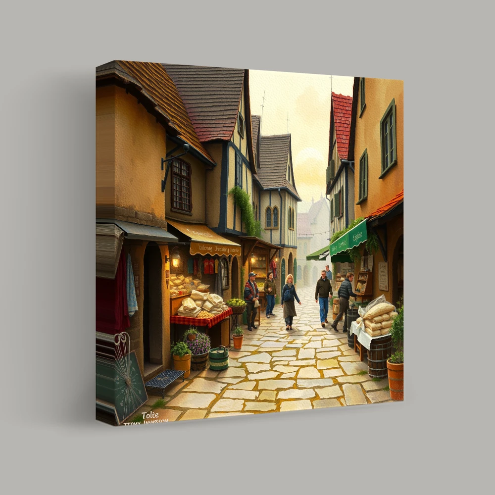 Strolling Through Cobblestone Market — canvas