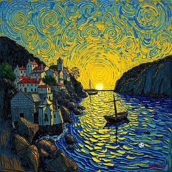 Sonnenbeschienene Bucht bei Dämmerung