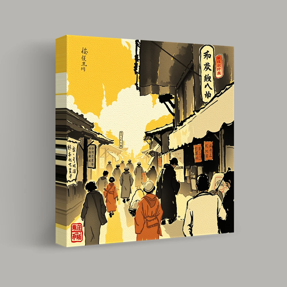 Strolling Through the Yellow-Hued Market — canvas