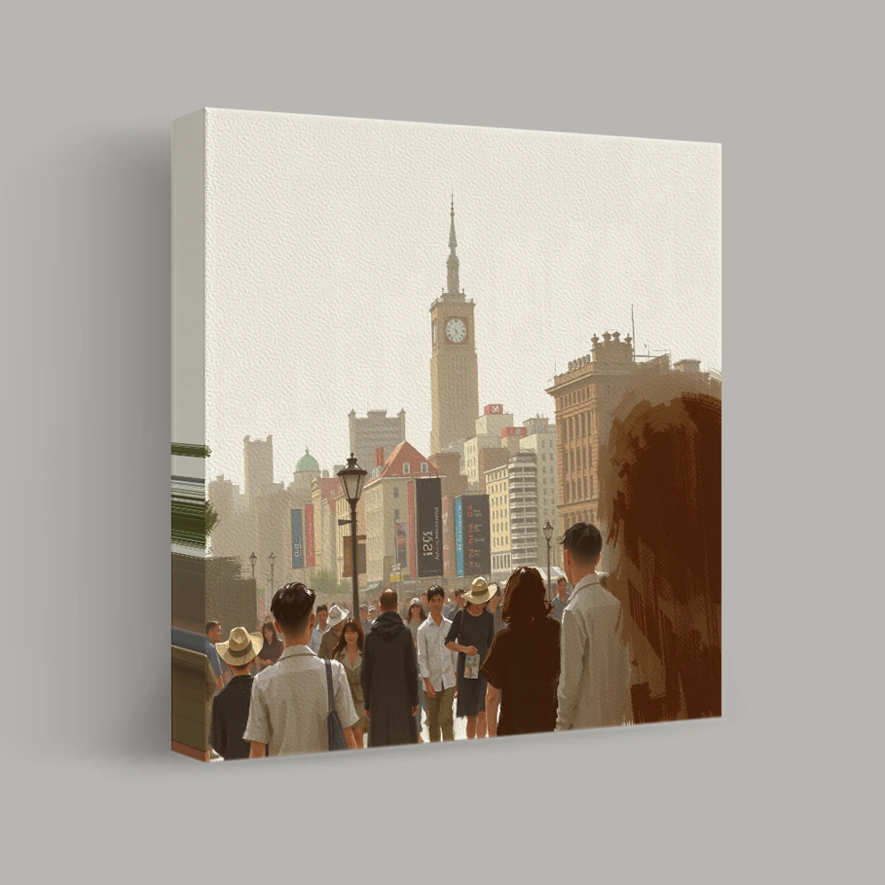 Urban Crowd and Clock Tower — canvas