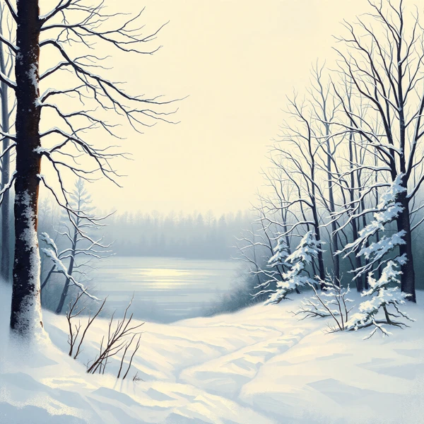 Snowy Forest by Frozen Lake