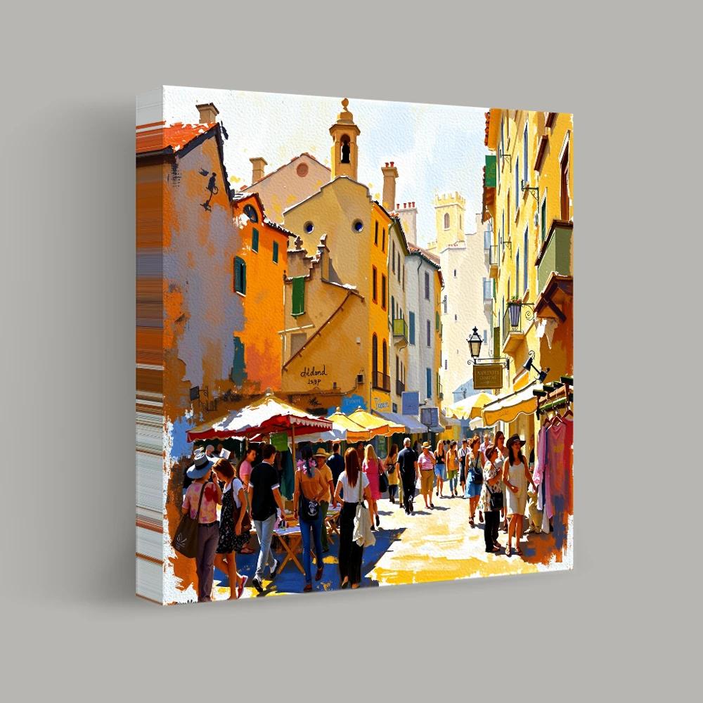 Vibrant Street Market in Sunlit Town — canvas