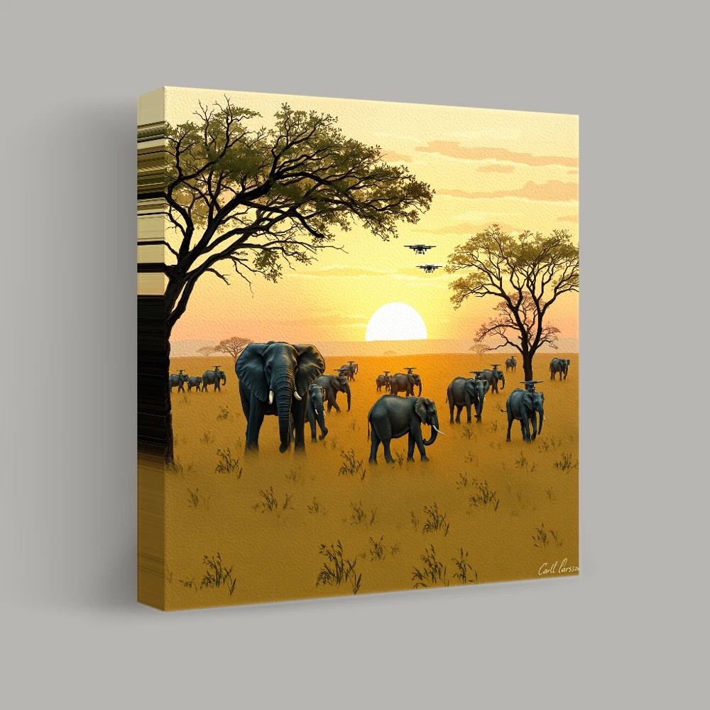 Elephants at Sunset in a Futuristic Savannah — canvas