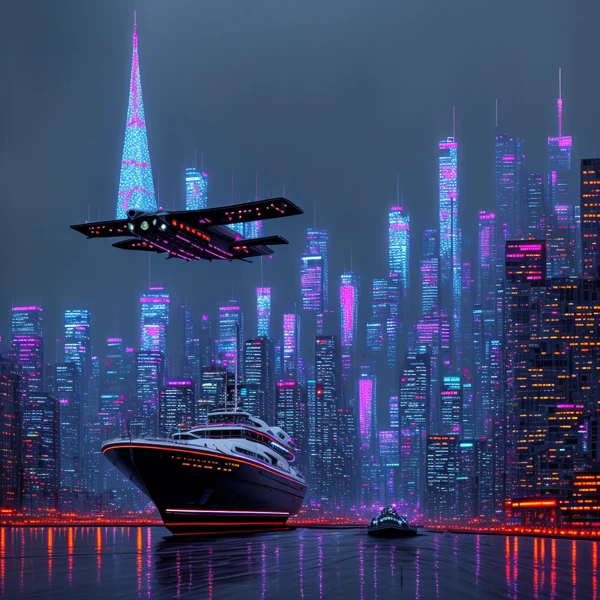 Neon Skies Over Future Waters