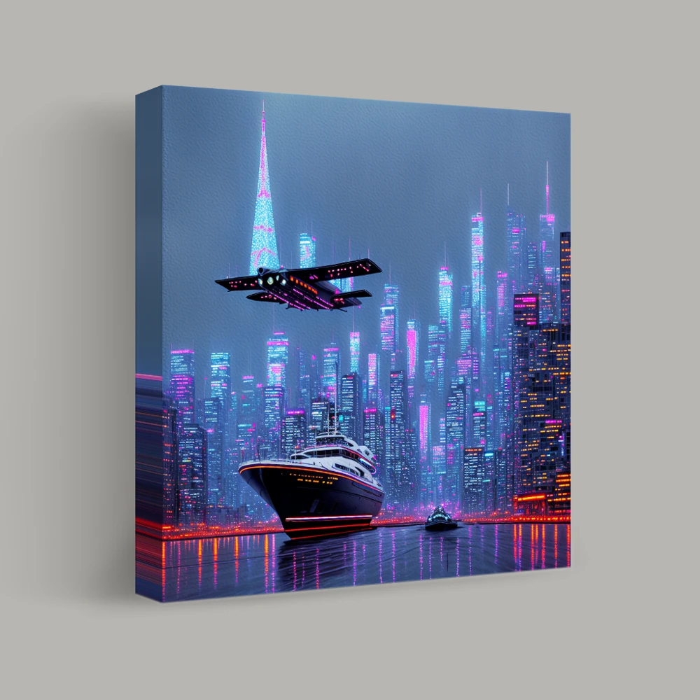 Neon Skies Over Future Waters — canvas