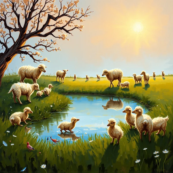 Sheep by the Pond