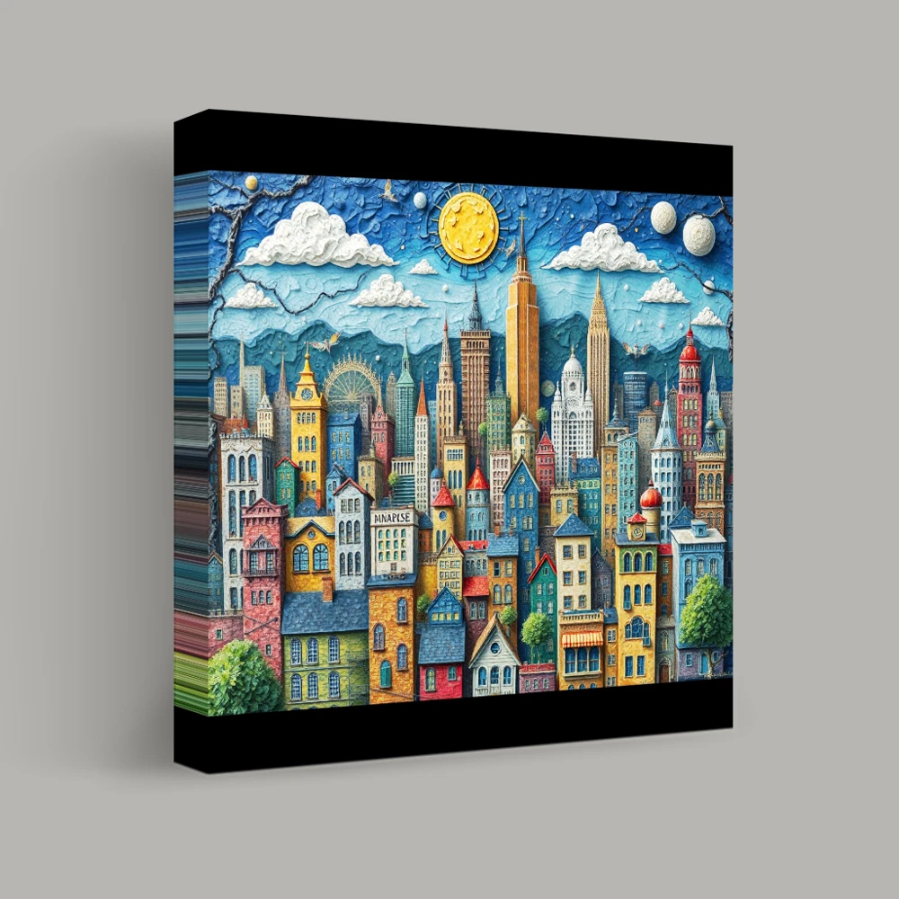 Whimsical Cityscape Under Celestial Skies — canvas