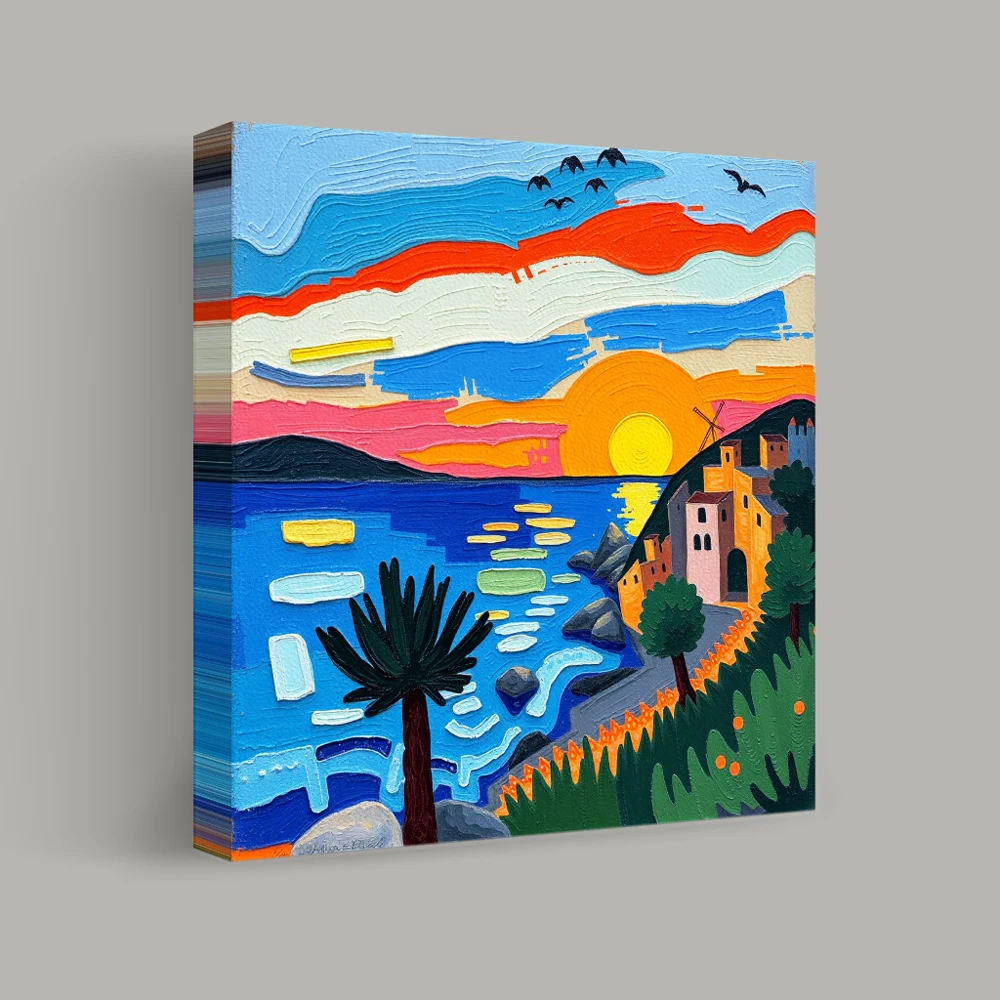 Sunset Over the Coastal Village — canvas